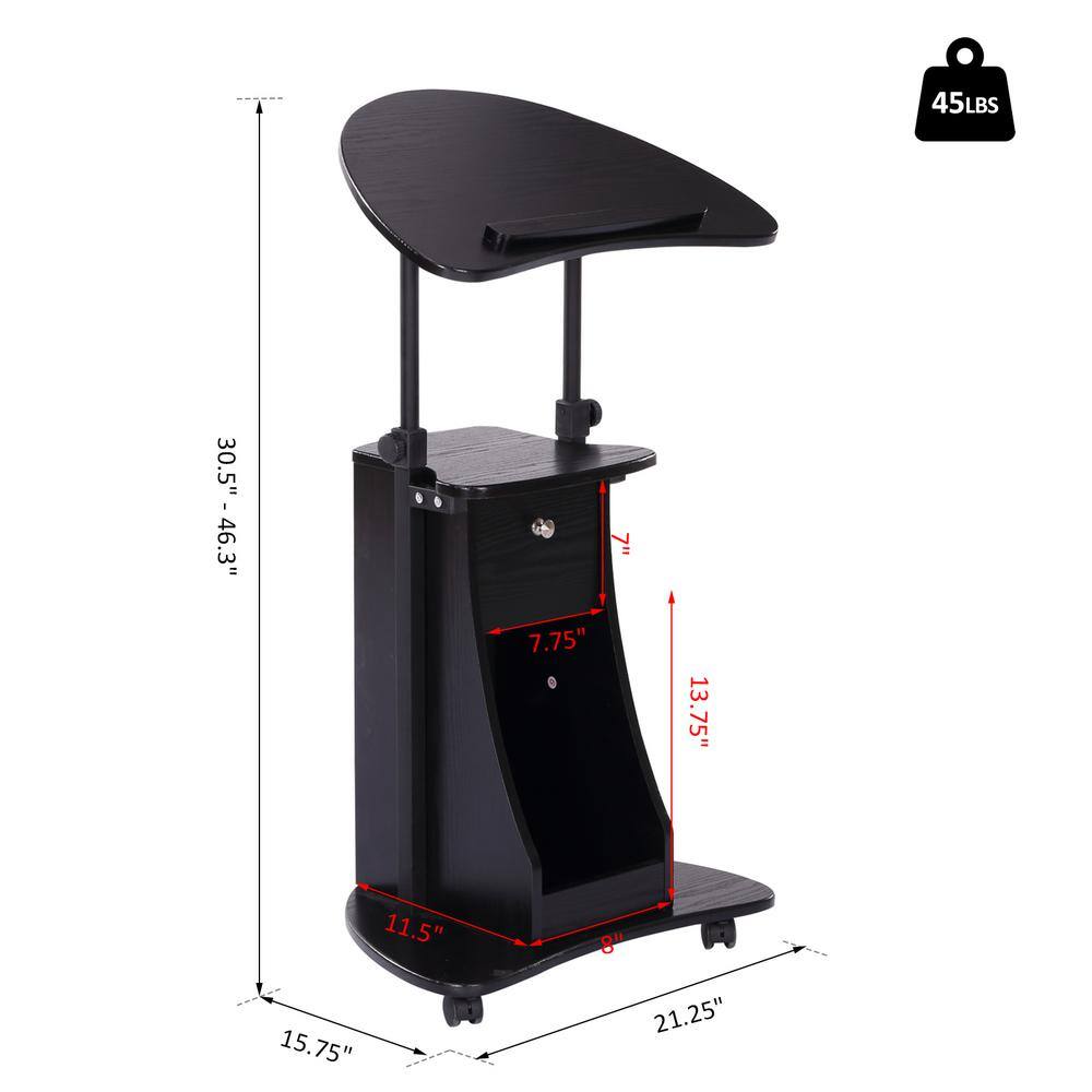 Black Adjustable Height Mobile Laptop Cart with Drawer
