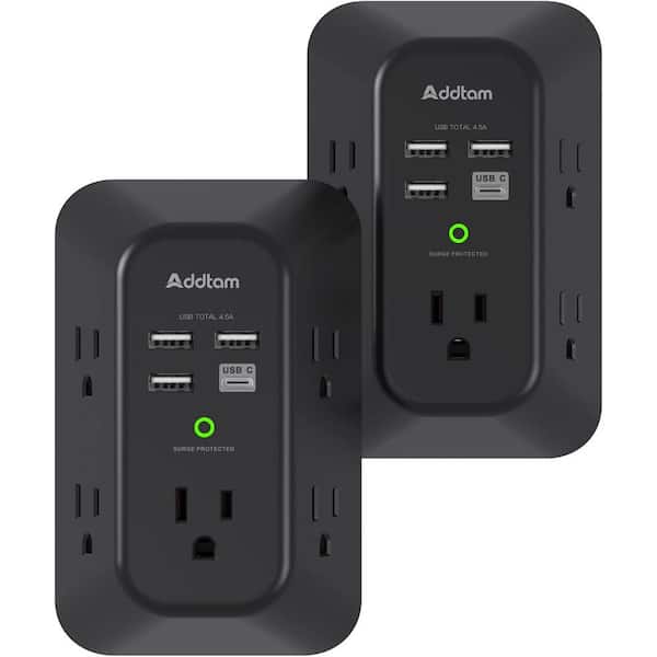 5-Outlet Power Strip Surge Protector with 4 USB Port 3 Sided Wall Adapter in Black ( 2 Pack)