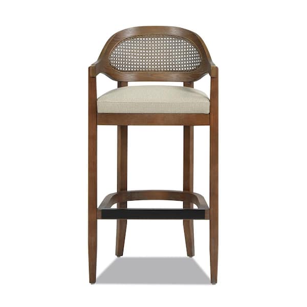 Jennifer Taylor Americana 30.5 in. Mid-Century Modern Oak Wood Frame Cane Rattan Back Bar Height Bar Stool in Taupe Beige