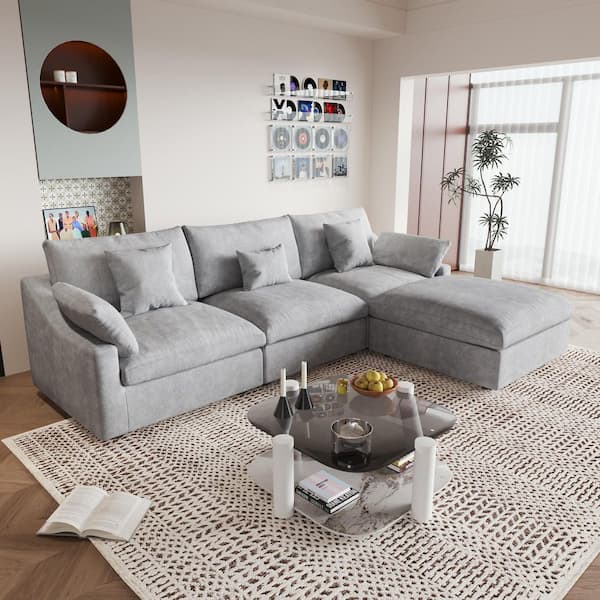 Oversized 119 in. Flared Arm Down Filled Gray Plush Linen Modular L-shaped Cloud Couch Sofa with Ottoman, Washable Cover