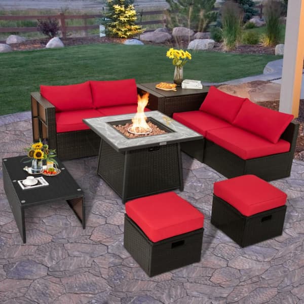 Kadehome Brown 9-Piece Patio PE Wicker Sectional Set with 50000 BTU Fire Pit Table and Red Cushions