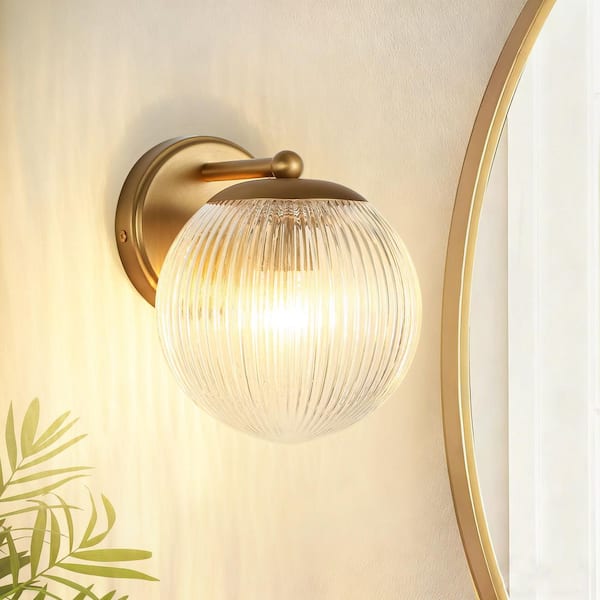 6.3 in. 1-Light Brushed Gold Vintage Industrial Wall Sconce with Round Clear Globe Ribbed Glass Shade