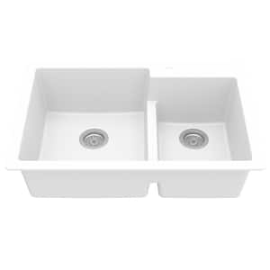 QT-811 Quartz 33 in. 60/40 Double Bowl Drop-In Kitchen Sink in White