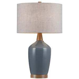 22 .5 in. Ceramic Table Lamp in Brilliant Blue with Walnut Wood Decorates