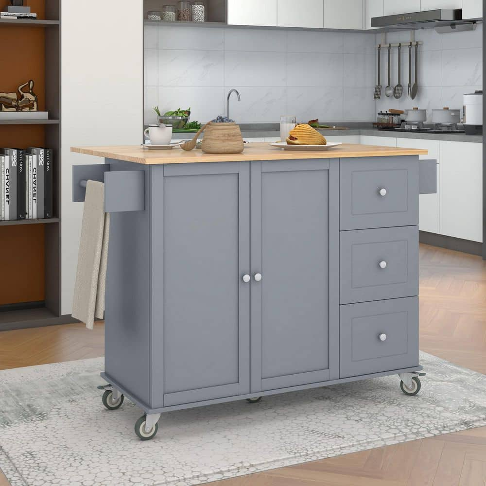 tunuo Blue Rolling Kitchen Island Cart with Rubber Wood Drop-Leaf ...