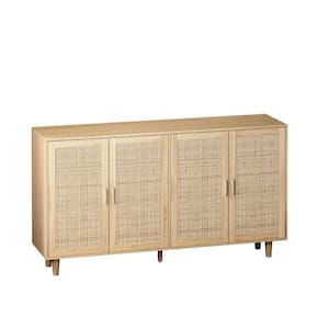 62.2 in. W x 15.75 in. D x 34.25 in. H Natural Brown Linen Cabinet with 4 Rattan Doors