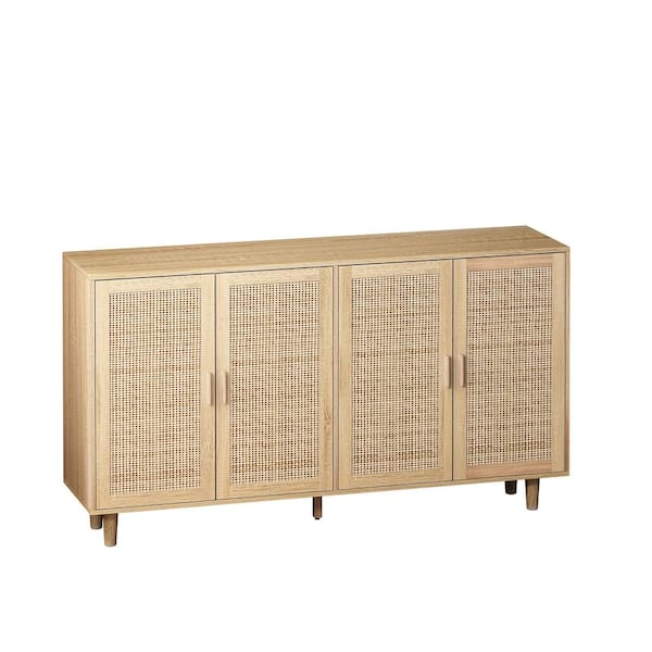 Unbranded 62.2 in. W x 15.75 in. D x 34.25 in. H Natural Brown Linen Cabinet with 4 Rattan Doors