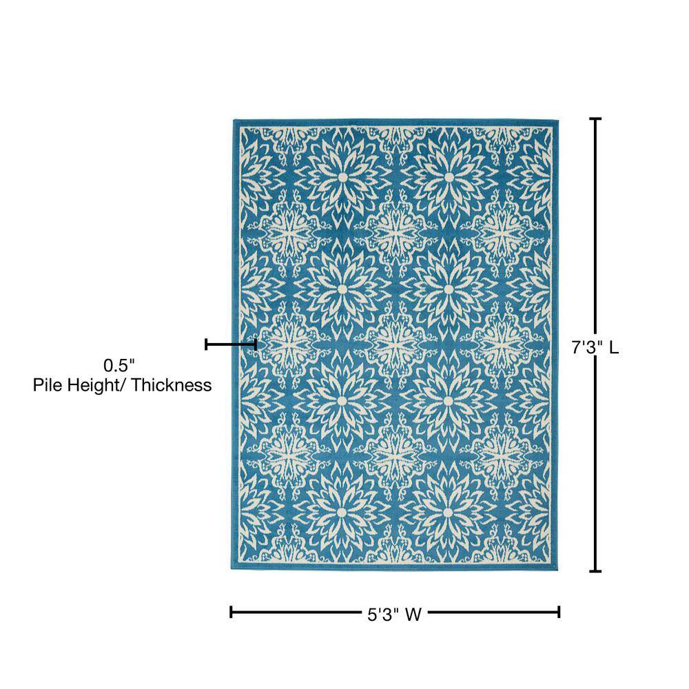 Handmade Floral Ivory & Blue Round Synthetic Area Rug, 5'3" x 7'3"
