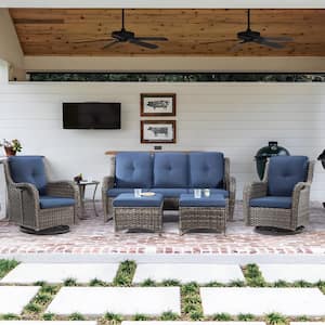 6-Piece Wicker Outdoor Patio Conversation Set Sectional Sofa with Swivel Rocking Chair, Ottomans and Blue Cushions