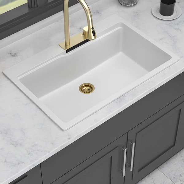 33 in. Drop-In Single Bowl White Quartz Kitchen Sink with Faucet and Workstation