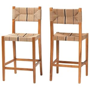 Prita 29.2 in. Natural Brown Wood Bar Stool with Woven Seat (Set of 2)