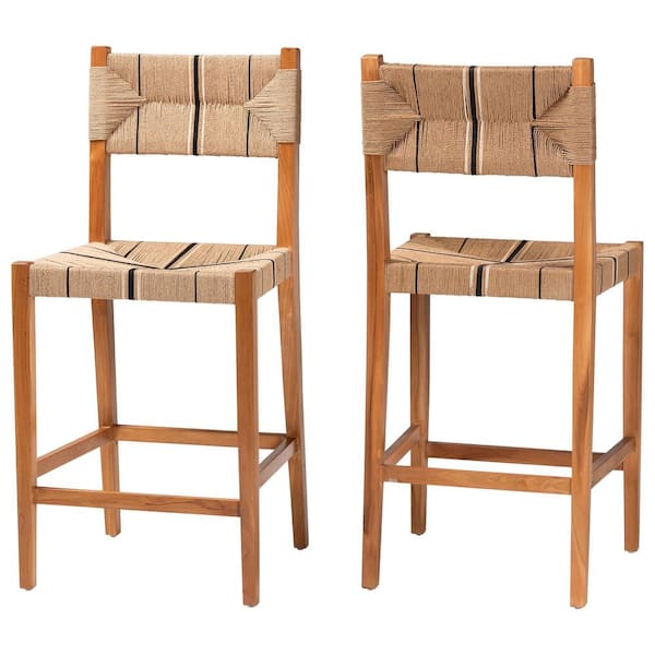 bali & pari Prita 29.2 in. Natural Brown Wood Bar Stool with Woven Seat (Set of 2)