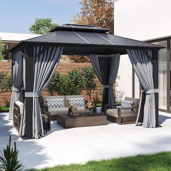 12 ft. x 10 ft. Outdoor Galvanized Steel Double Roof Gazebo with Curtain and Net, Ceiling Hook
