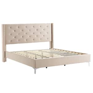 King Wood Platform Bed Frame No Box Spring Needed with Upholstered Headboard-Cream