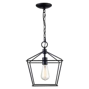 10 in. 1-Light Black Farmhouse Pendant Light Fixture with Caged Metal Shade