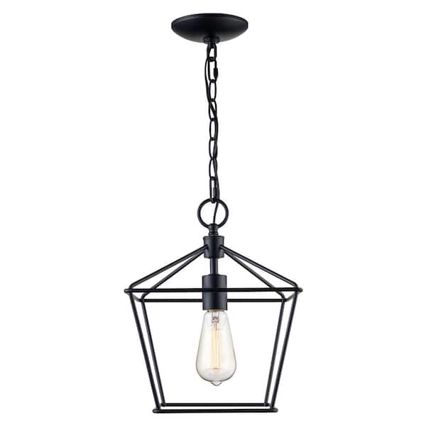 Bel Air Lighting 10 in. 1-Light Black Farmhouse Pendant Light Fixture with Caged Metal Shade