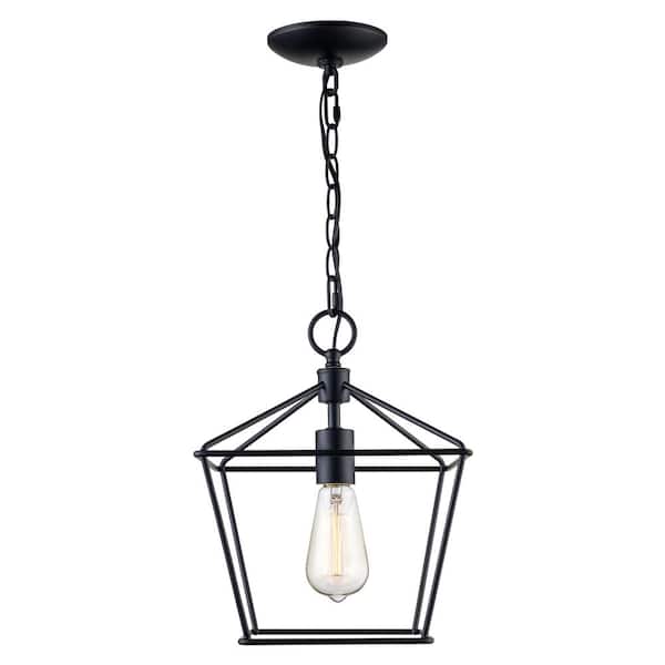 10 in. 1-Light Black Farmhouse Pendant Light Fixture with Caged Metal Shade