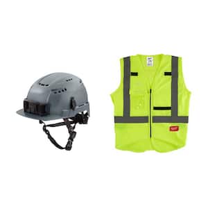 BOLT Gray Type 2 Class C Front Brim Vented Safety Helmet w/Large/XL Yellow Class 2 High Vis. Safety Vest with 10-Pockets