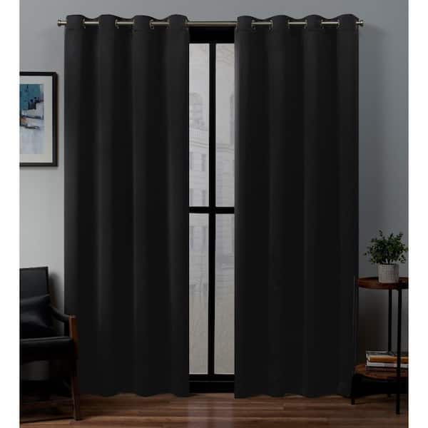 EXCLUSIVE HOME Black Sateen Solid 52 in. W x 84 in. L Noise Cancelling Thermal Grommet Blackout Curtain (Set of 2)
