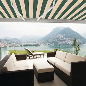 12 ft. Luxury Series Semi-Cassette Manual Retractable Patio Awning, Garden Green Beige Stripes (10 ft. Projection)