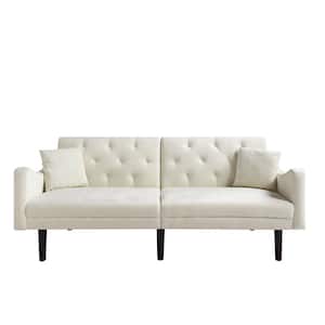73 in. W Slope Arm Velvet Straight Reclining Sofa in Beige with Pillows
