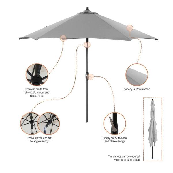 hampton bay aluminum patio umbrella in gray with push-button tilt Four Seasons Courtyard 9 Foot Norwalk Market Push Button Tilt, Steel Ribs and Pole for Outdoor Space, : Patio, Lawn & Garden Our large patio umbrella features 8 sturdy metal ribs and a 2 Hampton Bay 9 ft. Aluminum