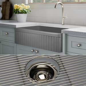 Luxury Matte Gray Solid Fireclay 33 in. Single Bowl Farmhouse Apron Kitchen Sink with Polished Nickel Accs