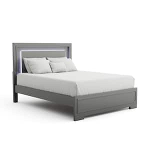 Jonvang Gray Wood Frame Full Platform Bed with LED Headboard and Care Kit