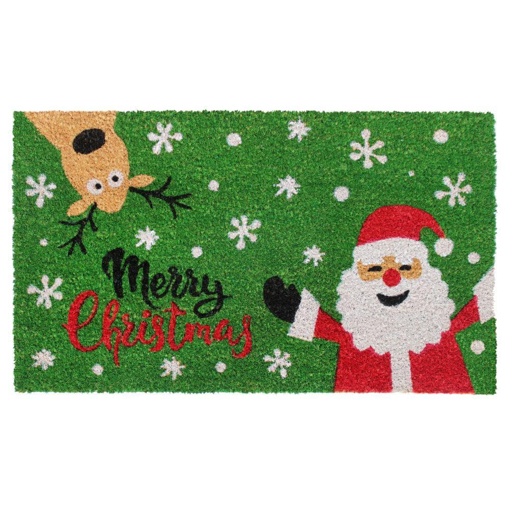 Welcome Santa Merry Christmas Green 18 in. x 30 in. Coir Non-Slip Outdoor D