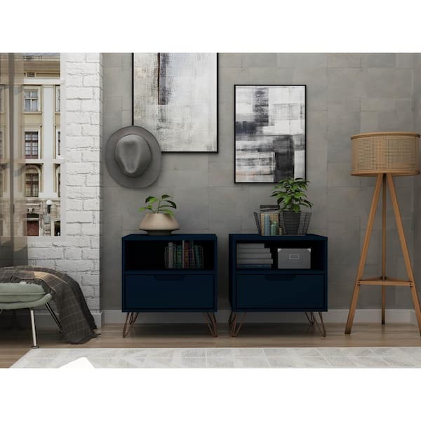Manhattan Comfort Rockefeller 1-Drawer Tatiana Midnight Blue Nightstand (Set of 2)