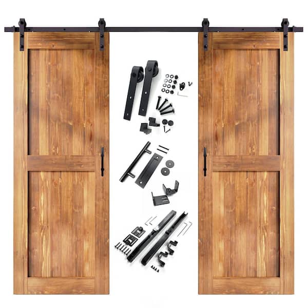 HOMACER 42 in. x 96 in. H-Frame Early American Double Pine Wood Interior Sliding Barn Door with Hardware Kit, Non-Bypass