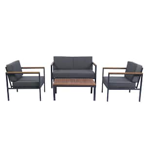 4-Piece Metal Patio Conversation Set with Acacia Wood Top, Sofa Chair Set with Coffee Table in Dark Gray Cushion