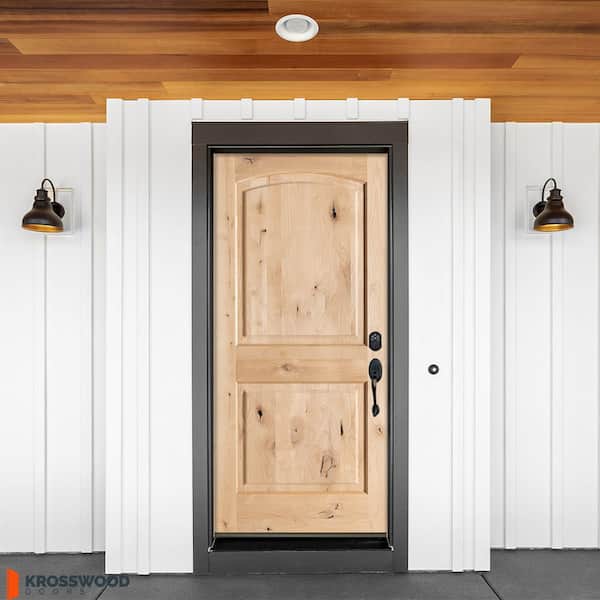 Krosswood Doors 42 in. x 80 in. Rustic Knotty Alder Top Rail Arch Left-Hand Inswing Unfinished Exterior Wood Prehung Front Door