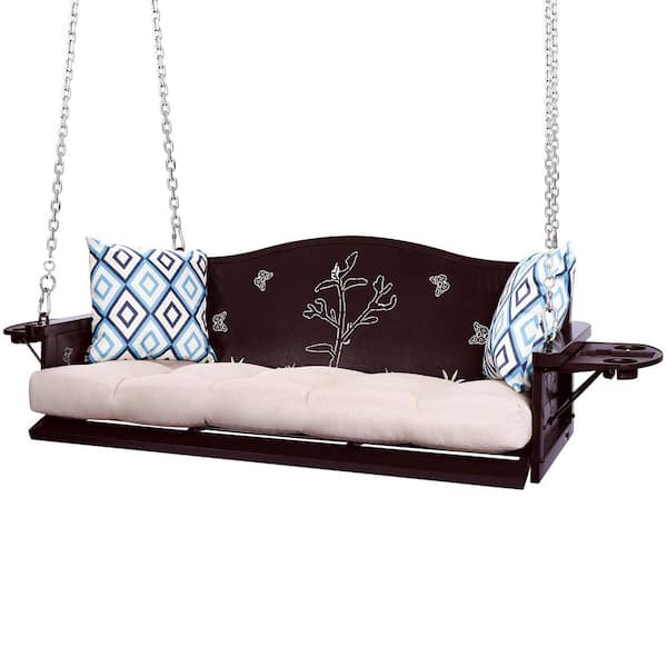 3-Seat Metal Brown Porch Swing 900 lbs. Heavy Duty Hanging Bench with Upgraded Tray with Beige Cushion