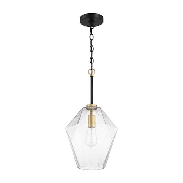 Avante Grand 60-Watt 1-Light Flat Black/Satin Brass Finish Pendant Light with Clear Glass Shade No Bulbs Included