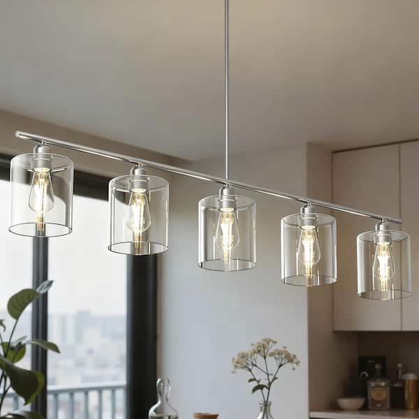 5-Light Brushed Nickel Kitchen Island Pendant Light with Clear Glass Shade for Dining Room and Kitchen No Bulbs Included