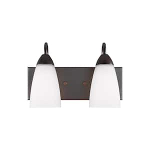 Seville 13 in. 2-Light Bronze Transitional Modern Wall Bathroom Vanity Light with White Etched Glass Shades