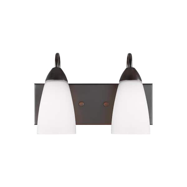 Generation Lighting Seville 13 in. 2-Light Bronze Transitional Modern Wall Bathroom Vanity Light with White Etched Glass Shades