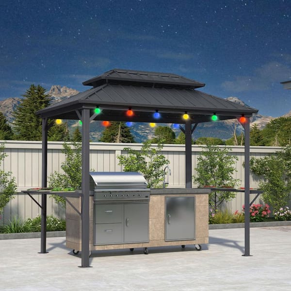 PURPLE LEAF 6 ft. x 9 ft. Hardtop Grill Gazebo for Patio Aluminum Barbecue Shelter Gazebo with Hooks,Shelves Double Tiered 24-Lights