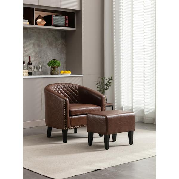 HOMEFUN Modern Brown Faux Leather Upholstered Accent Barrel Chair with Nailheads and Ottoman