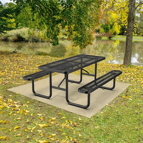 Runesay Outdoor 72 in. Black Rectangle Steel Picnic Table Seats 4-6 People with Umbrella Pole