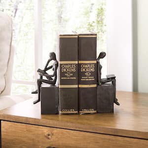 Dark Brown Metal Cast Iron Man and Woman Reading on a Block Characters Bookends (Set of 2)