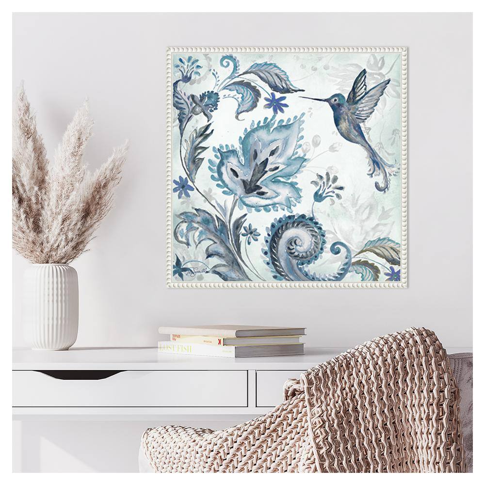 Watercolor Boho Blue Hummingbird Canvas Wall Art in White Frame