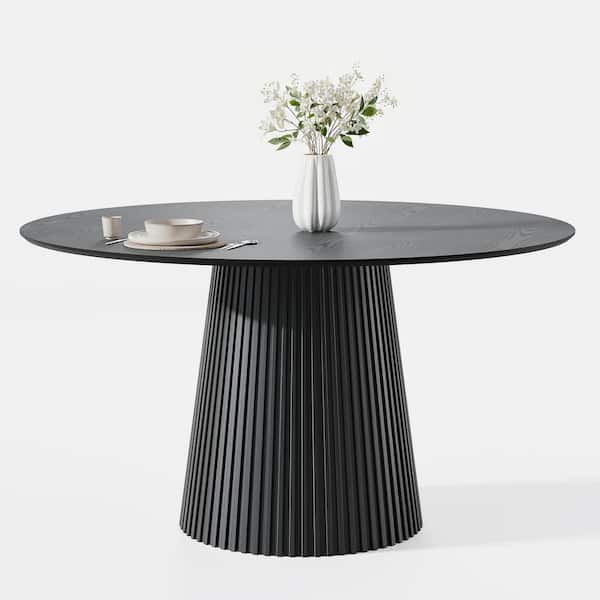 Modern Round Wood Top Black Wood Color 52 in. Column Pedestal Base Dining Table (Seats 6)