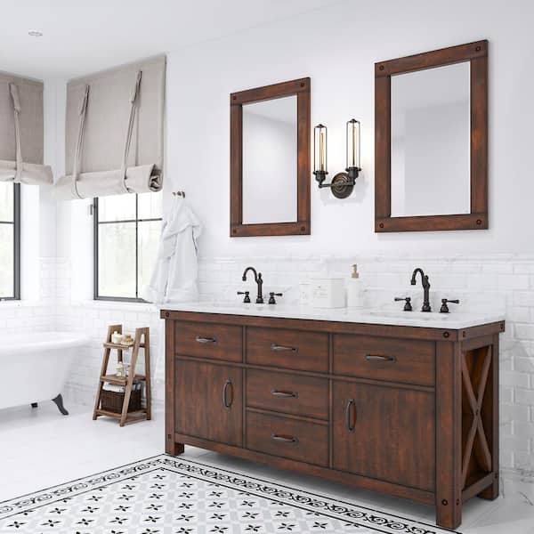Water Creation Aberdeen 72 in. W x 22 in. D Vanity in Rustic Sierra with Marble Vanity Top in White with White Basin, Faucet and Mirror