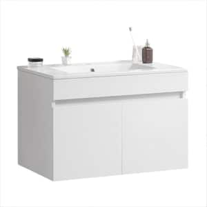 36 in. W Single Sink Wall Mounted Bath Vanity in White with White Ceramic Top