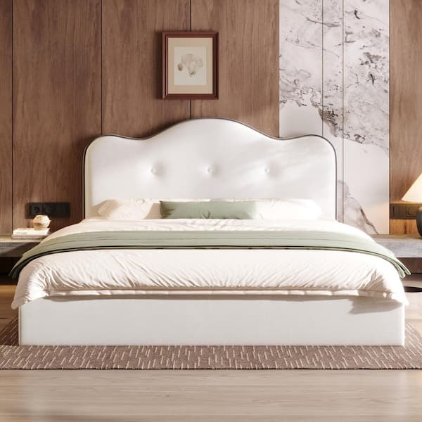 Beige Wood Frame King Size Platform Bed