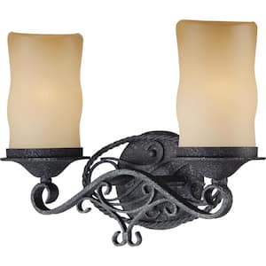 Sevilla 2-Light Indoor Antique Wrought Iron Bath / Vanity Wall Mount w/ Candle-Shaped Sandstone Glass Shades