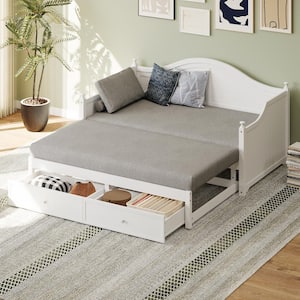 Extendable Design White Twin Size Wood Daybed with Extended Pop Up Trundle and Storage Drawers