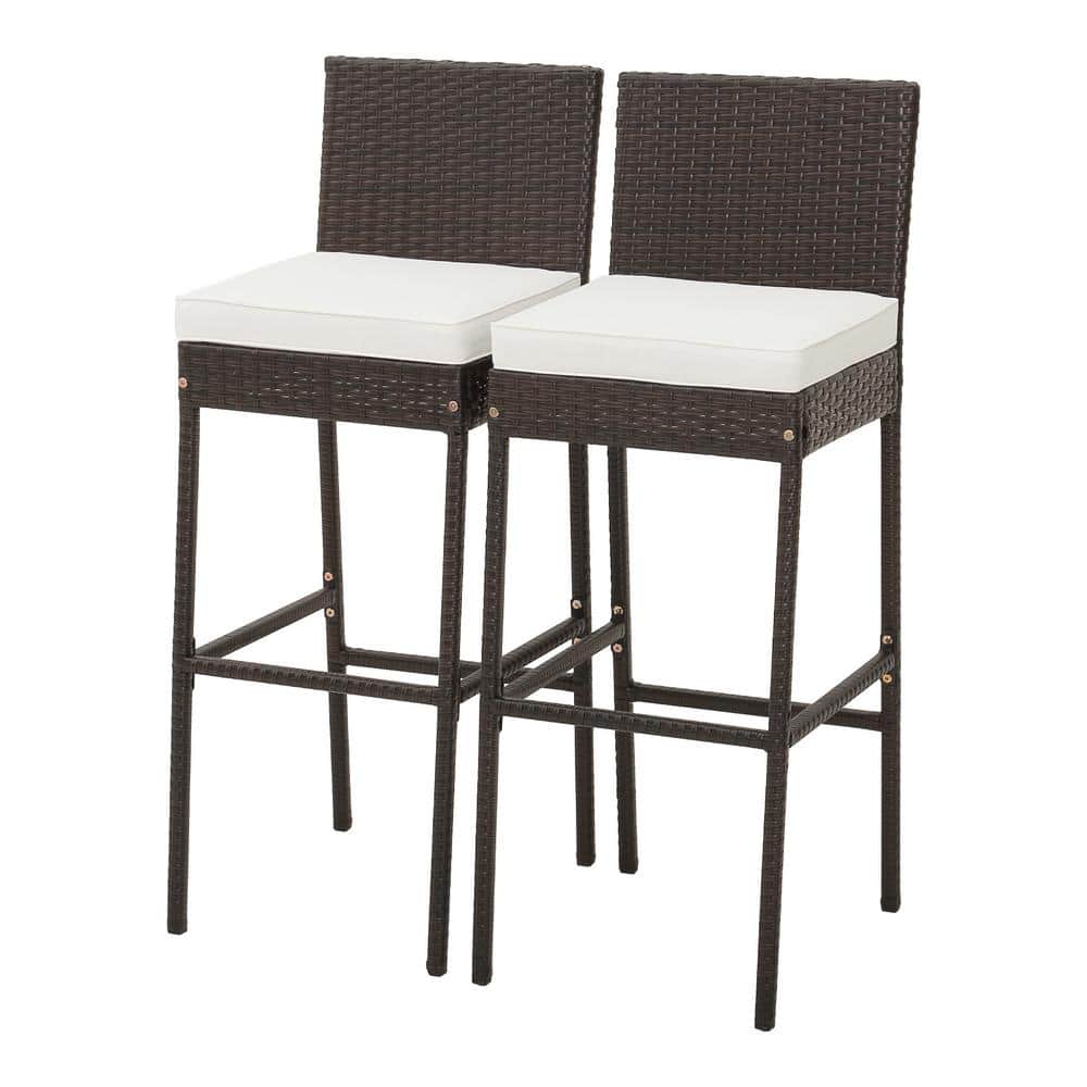 Black and Off-White Cushioned Wicker Barstools with Footrest - Set of 2